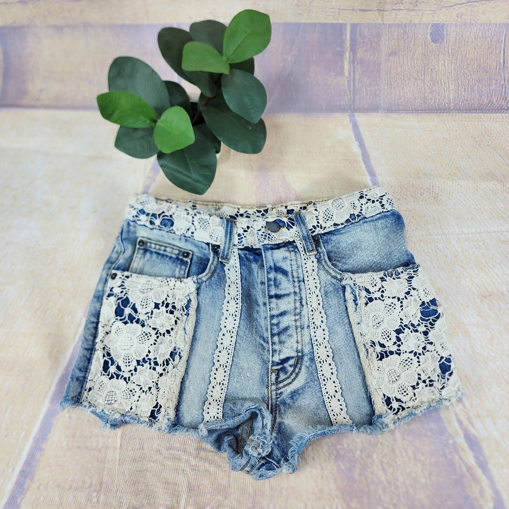 CARMAR Titania Crochet Lace Denim Shorts